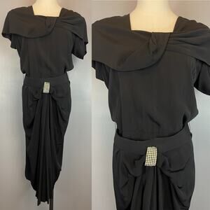 Vintage 40s 50s Black Rayon Crepe Draped Midi Dress Med Lg Rhinestone Belt